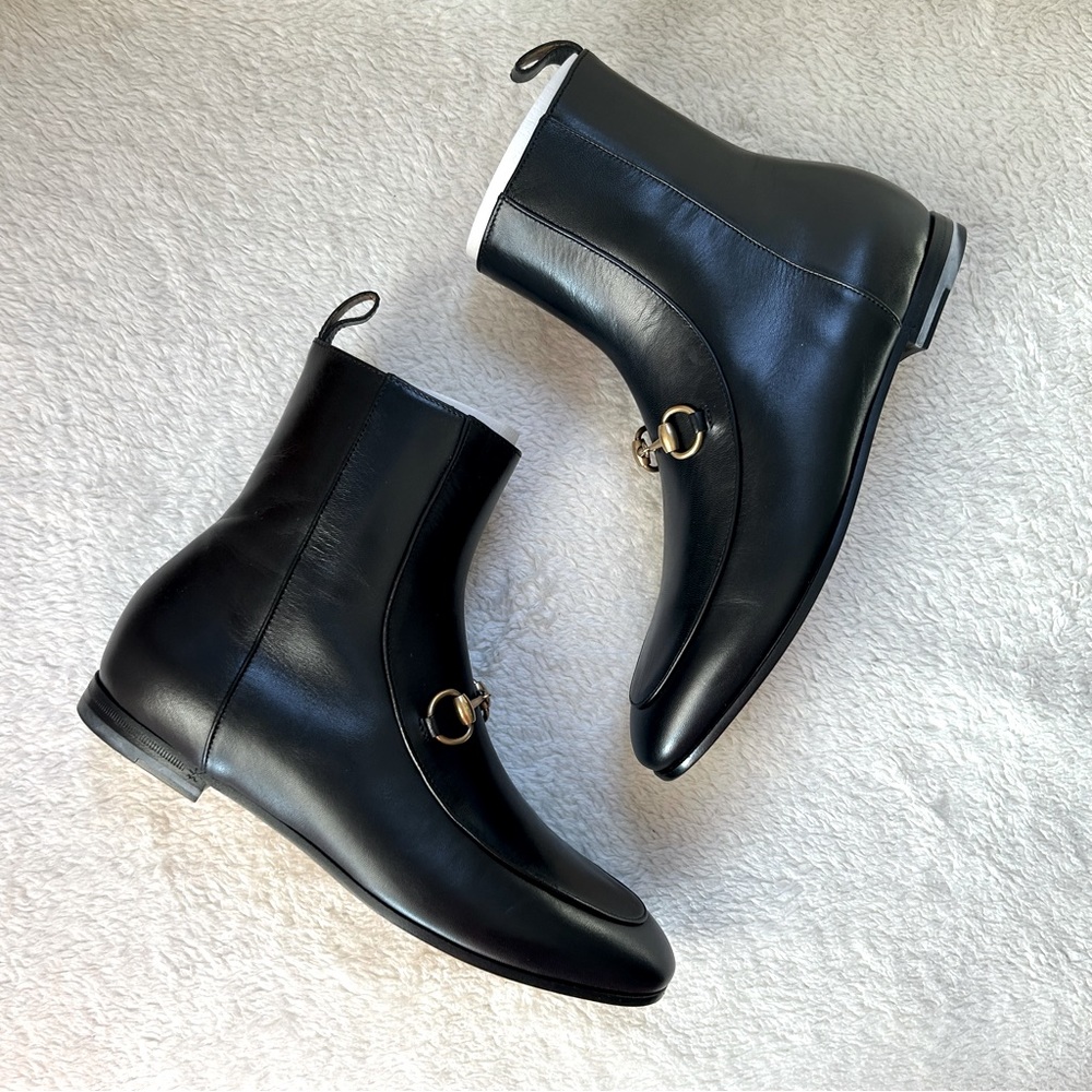 NIB Authentic Gucci Malaka Kid Leather Horse-bit Ankle Bootie Black 35
